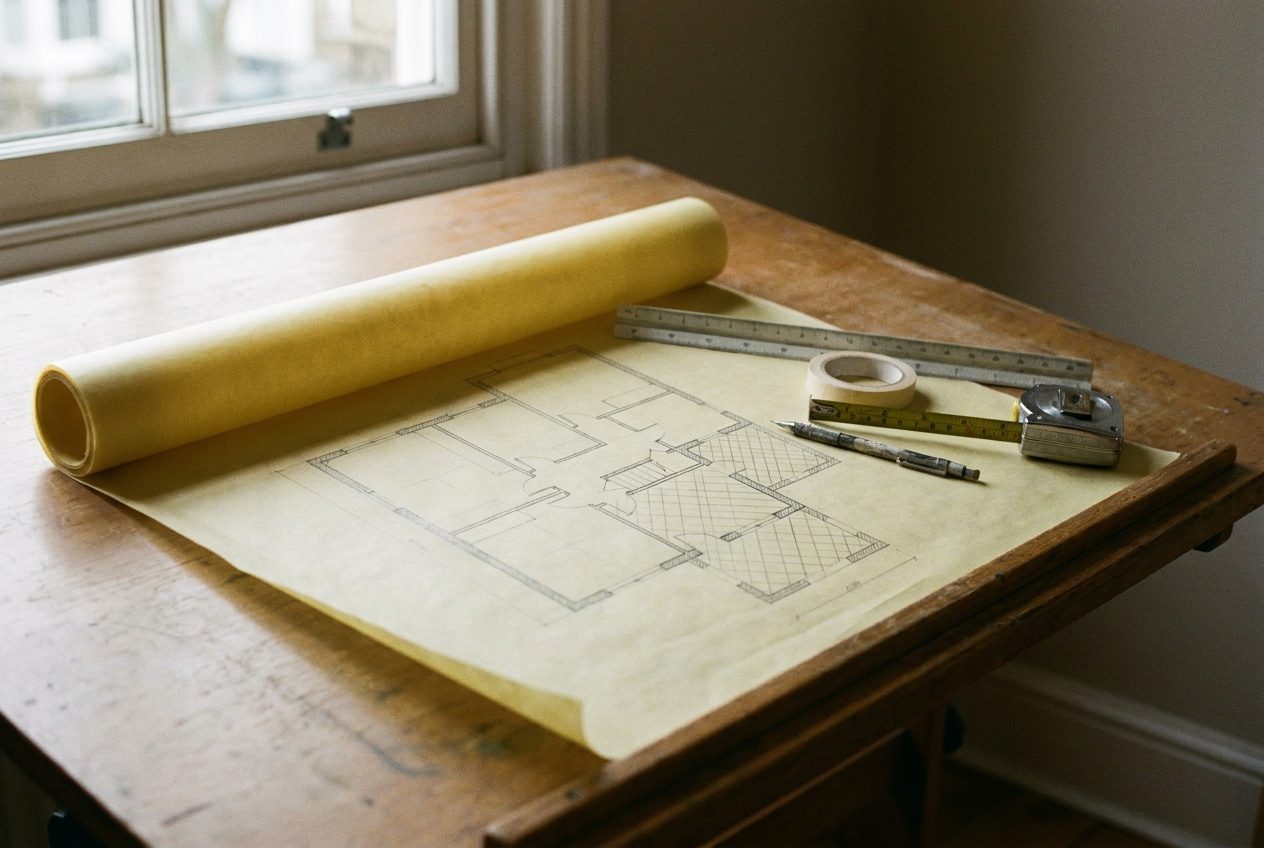 A roll of yellow tracing paper over a pencil floor plan on a wooden drafting desk by a sash window, with a scale rule, masking tape, a tape measure and a mechanical pencil.